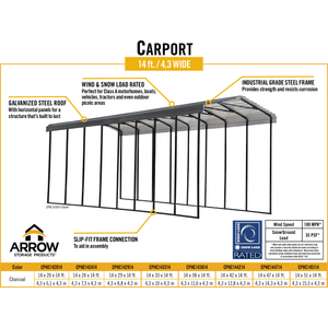 Sheds Express Carports Arrow Carport, 14x47x14, Charcoal