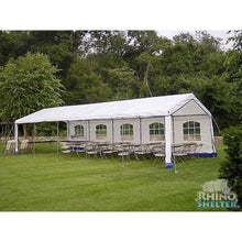 Load image into Gallery viewer, Sheds Express Party Tents White With Blue Trim 14&#39; x 32&#39; x 9&#39; Party Tent House PY143209HPT