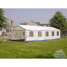 Load image into Gallery viewer, Sheds Express Party Tents White With Blue Trim 14&#39; x 32&#39; x 9&#39; Party Tent House PY143209HPT