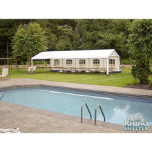 Load image into Gallery viewer, Sheds Express Party Tents White With Blue Trim 14&#39; x 32&#39; x 9&#39; Party Tent House PY143209HPT