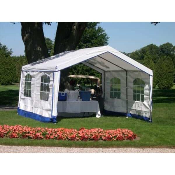 Sheds Express Party Tents White With Blue Trim Rhino Shelters 14' x 14' x 9' Party Tent House PY141409HPT