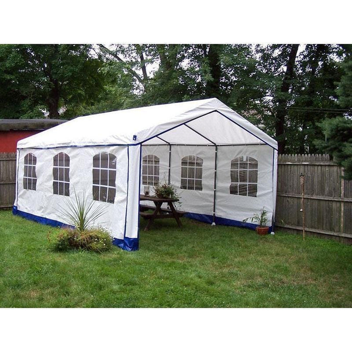 Sheds Express Party Tents White With Blue Trim Rhino Shelters 14' x 20' x 9' Party Tent House PY142009HPT